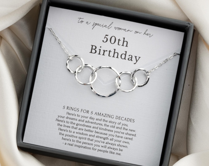 50th Birthday Necklace Gift for Her – 5 Ring 5 Decades Necklace Sterling Silver & Gold for 50 yr old, Friend turning 50 Gift for Women