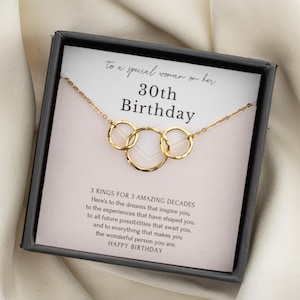 30th Birthday Necklace Gift for Her | 3 Ring for 3 Decades  Sterling Silver Gold Necklace | 30 yr Birthday milestone