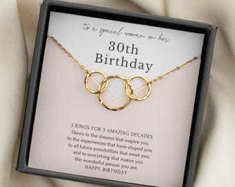30e verjaardag ketting cadeau voor haar | 3 ringen voor 3 decennia sterlingzilver-gouden ketting | Mijlpaal 30 jaar verjaardag