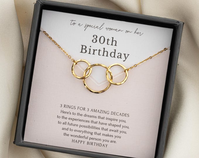 30th Birthday Necklace Gift for Her | 3 Ring for 3 Decades  Sterling Silver Gold Necklace | 30 yr Birthday milestone