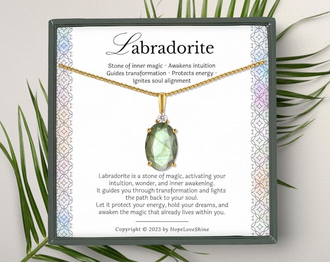 Labradorite Necklace Gold | Crystal Jewelry Gift for Her Birthday | Spiritual Gift for Women | 18K Gold Plated Steel Chain Necklace