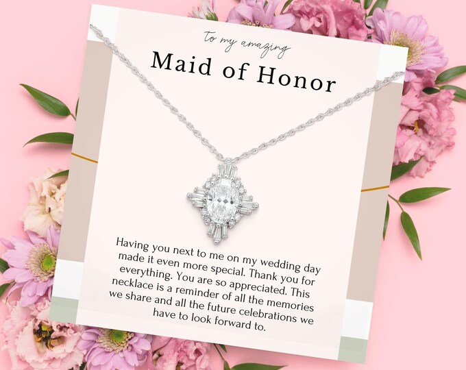 Maid of Honor Gift Necklace & Earrings Set | Bridesmaids and Bridal Jewelry | Diamond and Pearl Set For Bridal Party and Wedding Bridesmaids