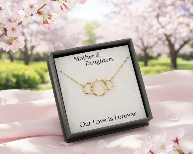 Mother 2 Daughters necklace 3 circles linked necklace set, Mother's day jewelry gift from 2 daughters sterling silver