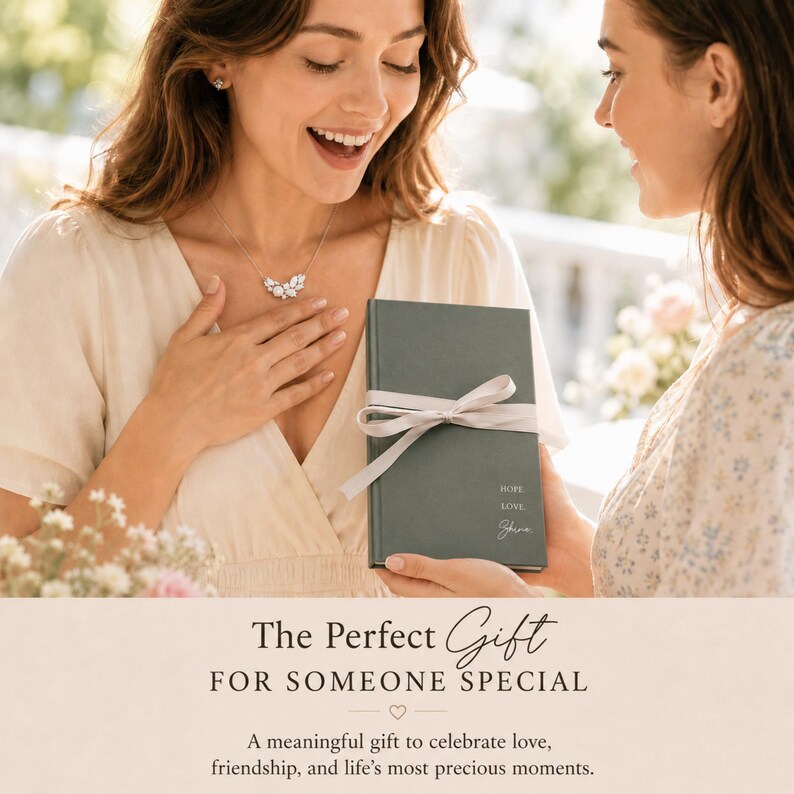 May include: A woman smiles while receiving a gift. The gift is a dark green book tied with a light ribbon. The book has the words "HOPE LOVE Shine" printed on it. The woman is wearing a silver necklace.