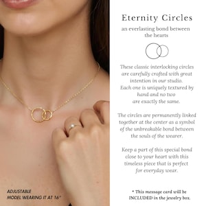The image is a close-up of a woman's neck with a gold necklace featuring a pair of interlocking circles. The text above the image provides information about the necklace, describing it as an "Eternal Circles" necklace with a special bond between the hearts.