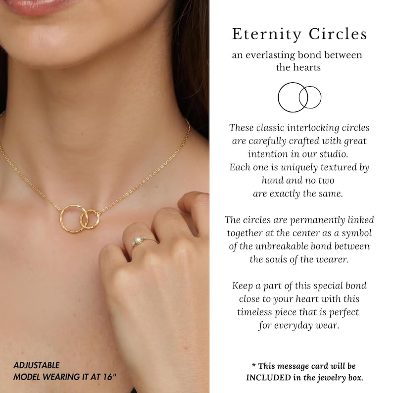 The image is a close-up of a woman's neck with a gold necklace featuring a pair of interlocking circles. The text above the image provides information about the necklace, describing it as an "Eternal Circles" necklace with a special bond between the hearts.