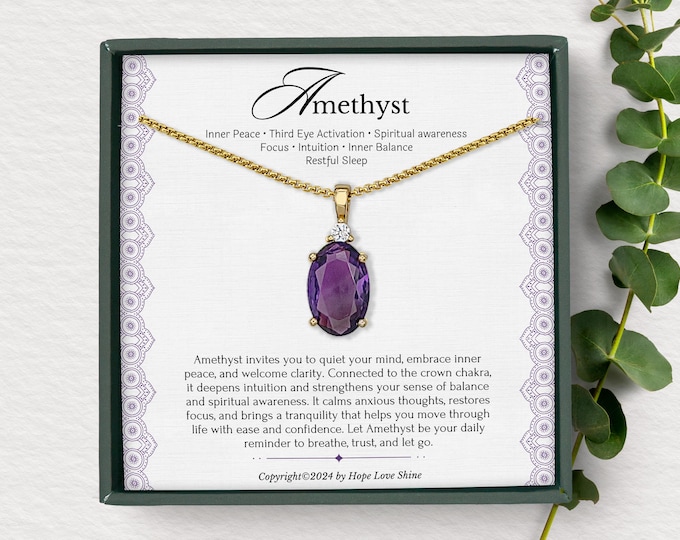 Amethyst Gold Necklace - February Birthstone Jewelry, Elegant Gemstone Pendant, 18K Gold-Plated, Spiritual Gift for Her