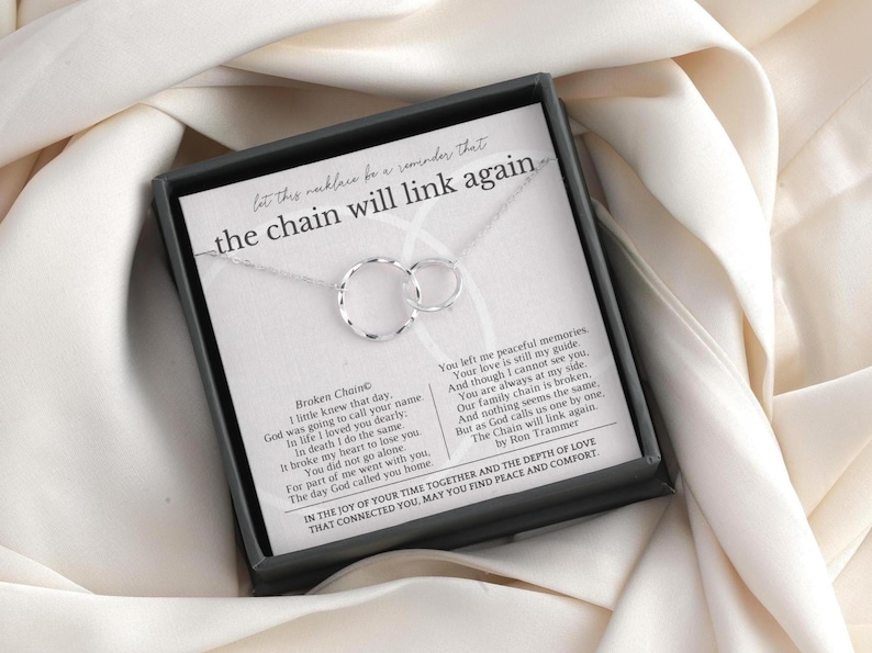 memorial Gift for loss of loved ones featuring 2 interlocking circle necklace with broken chain poem written by ron tranmer poet.