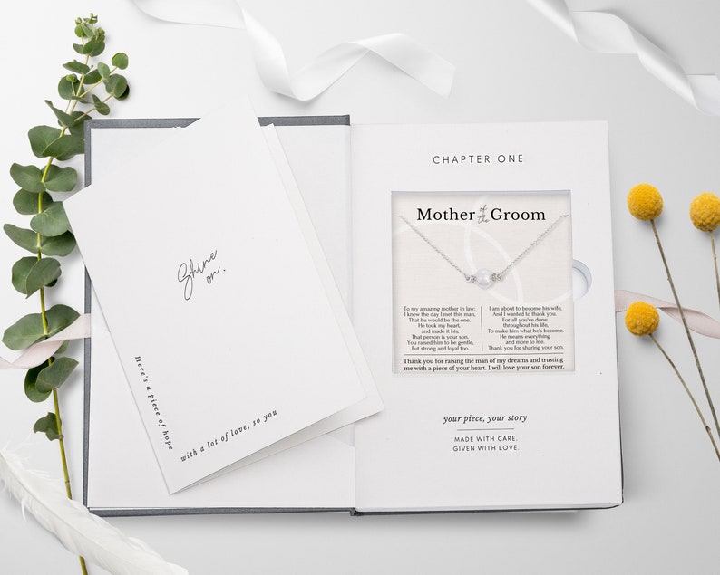 The Mother of the Groom Jewelry Gift from the Bride is a pre-wedding gift with an appreciation message. Packed in a custom-designed jewelry box, comes with a blank greeting card and jewelry care instructions. Made with love by Hope Love Shine.