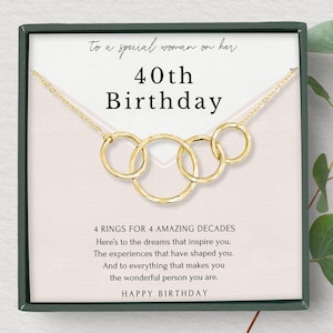 Cadeaus voor vrouwen 40e verjaardag | minimalistische sterlingzilveren ketting met 4 ringen | 14K goudvermeil | verjaardagsmijlpaal in cadeauverpakking