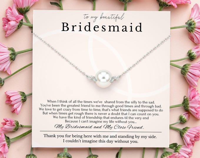 Bridesmaid Necklace Gift, Bridesmaid Thank You Gift, Bridal Party Gift, Jewelry, Wedding Party, Dainty pearl necklace, Sterling silver