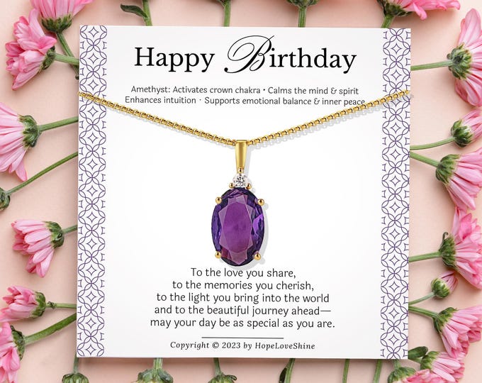 Amethyst Necklace | February Birthstone Gift | 18K Gold Plated on Stainless Steel | Purple Gemstone Jewelry | Birthday Card Included
