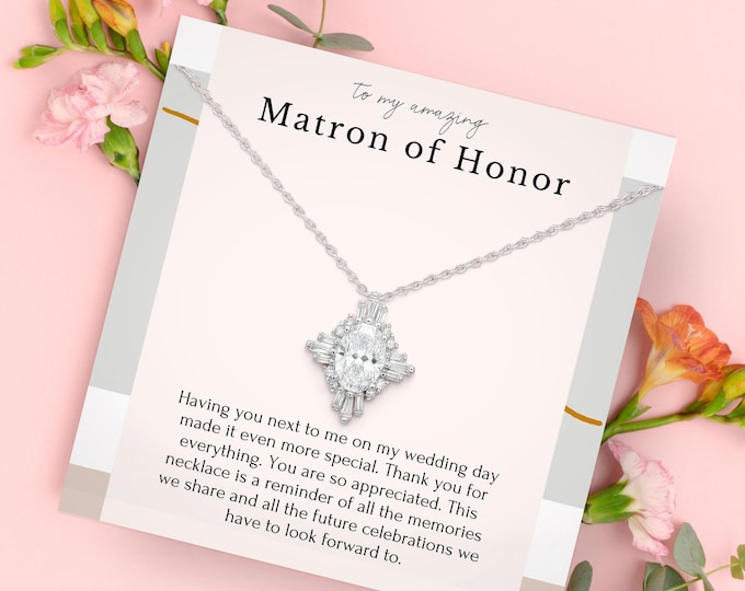 Matron of Honor Necklace & Earring Set, Diamond Bridesmaid Jewelry, Maid of Honor Bridesmaids Present, Sterling Silver Gift For Proposal