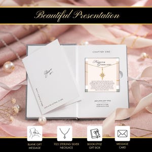 K&ouml;nnte beinhalten: Ein Geschenkset mit einer 925er Sterling Silber Halskette in einer Geschenkbox im Buchstil. Die Box ist ge&ouml;ffnet und zeigt eine Karte mit den Worten "Shine on" und "Here's a piece of hope". Der Text "Beautiful Presentation" steht oben.