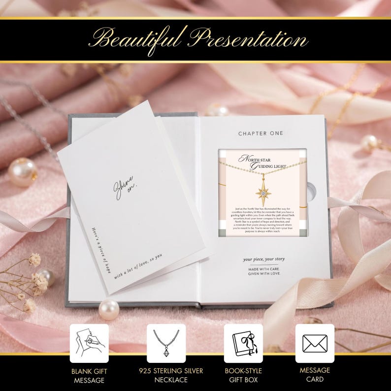 K&ouml;nnte beinhalten: Ein Geschenkset mit einer 925er Sterling Silber Halskette in einer Geschenkbox im Buchstil. Die Box ist ge&ouml;ffnet und zeigt eine Karte mit den Worten "Shine on" und "Here's a piece of hope". Der Text "Beautiful Presentation" steht oben.