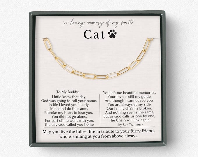 Cat Loss Necklace Gift | Memorial Jewelry Gifts | Pet Loss Necklaces with Sympathy Card | Broken Chain Poem | Cat Remembrance Gift