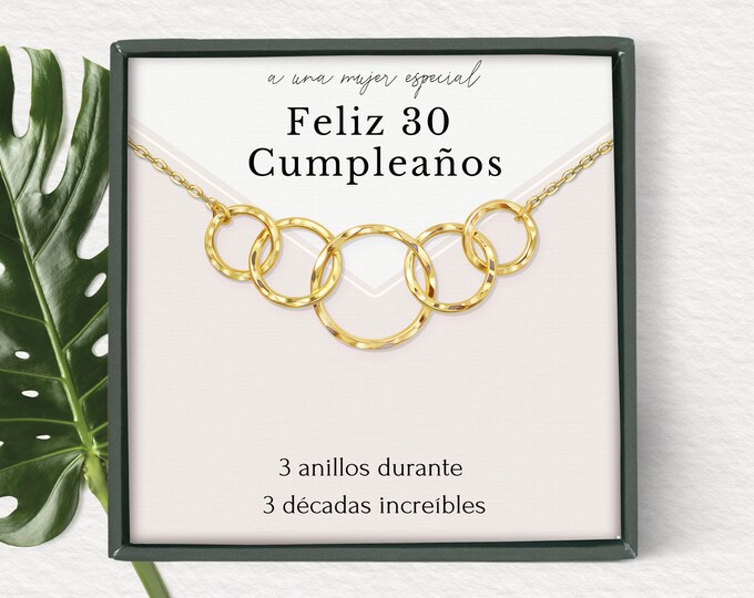 Regalo de 50 cumpleaños para mujer • 50th birthday spanish card • 5 ring necklace 5 decades • Joyas de 50 cumpleaños