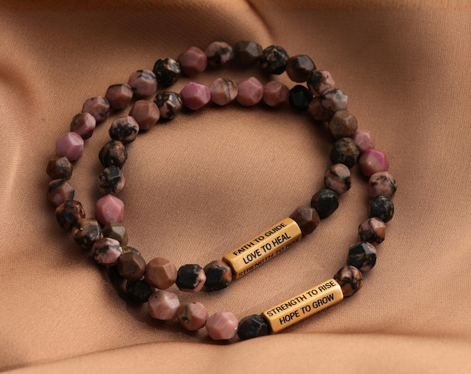 Rhodonite Beaded Bracelet  Breast Cancer Gift Messages engraved Amazonite Beaded Jewelry Gift for Women