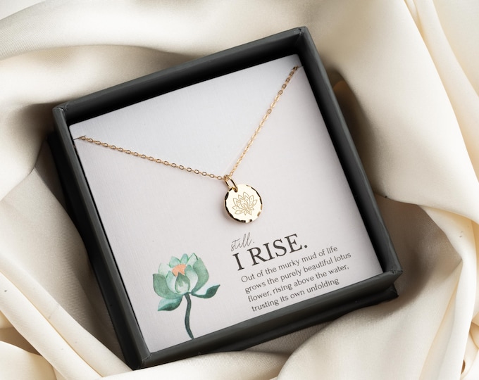 Still I Rise Lotus Necklace | Encouragement Jewelry Gift for Women, New Beginnings, Empowering 14K Gold Vermeil Sterling Silver Pendant