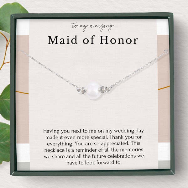 Maid of Honor Thank you Gift from bride, Dainty necklace for maid of honor on wedding day, Bridal party gift, Sterling silver pearl necklace