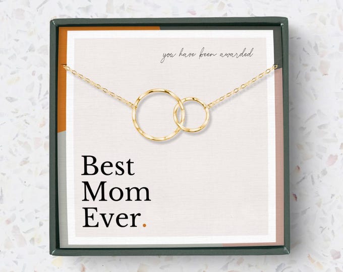 Best Mom Ever Necklace 2 Ring Pendant in 14K Gold or Sterling Silver – Mother’s Day & Birthday Gift for Mom Jewelry