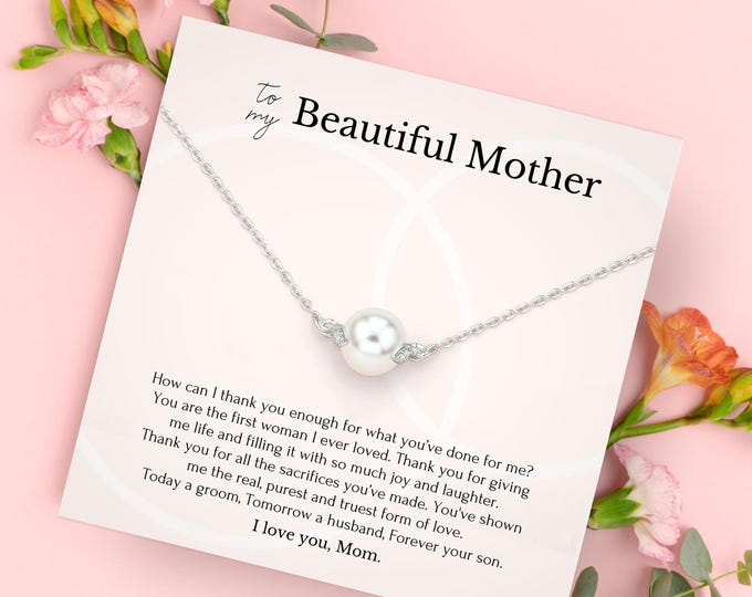 Gift for mom from son on wedding day • Mother of the groom gift from groom • Pearl necklace for mom from son wedding • Gift box poem