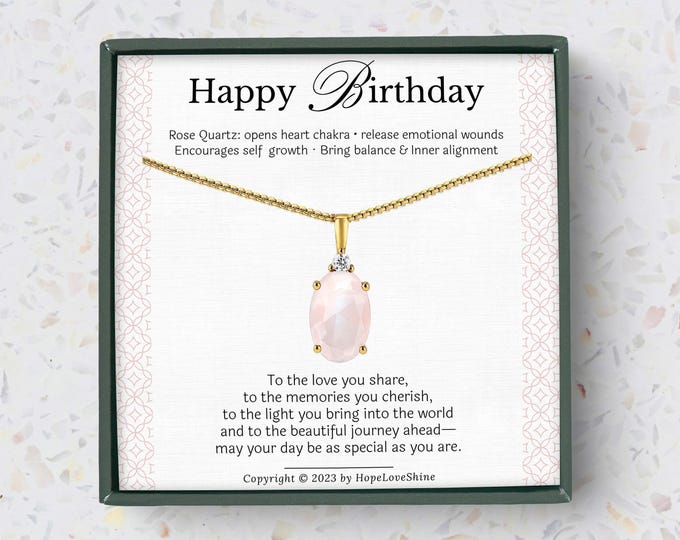 Rose Quartz Necklace – Birthday Gift for Her – 18K Gold Plated on Stainless Steel – Pink Gemstone Jewelry – Birthday Card Included