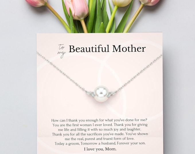 Gift for mom from son on wedding day • Mother of the groom gift from groom • Pearl necklace for mom from son wedding • Gift box poem