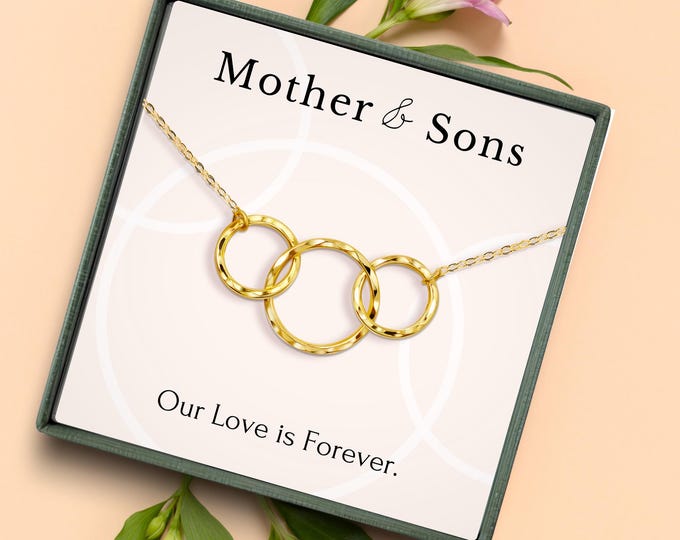 Mother with 2 sons necklace gift • Mother's day gift from sons •  3 circles linked necklace Mother's day jewelry gift from 2 sons