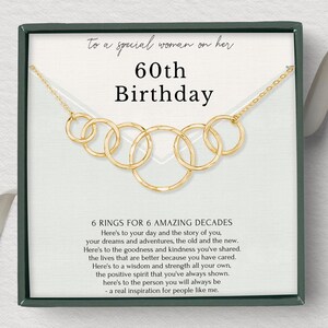 Cadeau 60e anniversaire pour femme | Collier minimaliste à 6 anneaux en argent sterling | Or vermeil 14 carats | Jalon d'anniversaire emballé