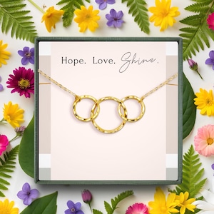 Hammered Triple Ring Necklace • Sterling Silver or Gold Interlocking Pendant