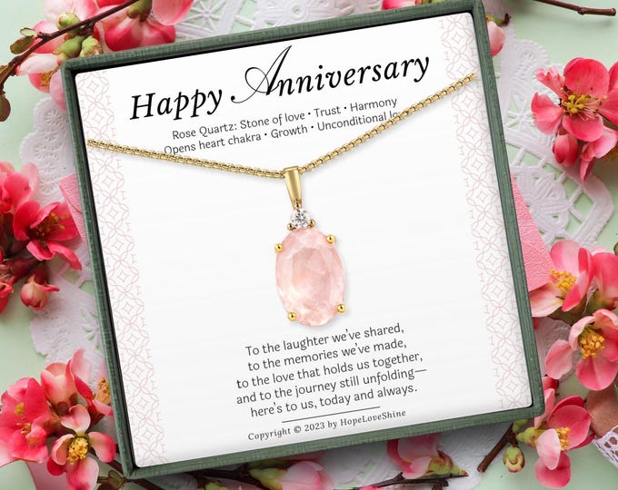 Rose Quartz Anniversary Necklace Gold Crystal Jewelry Gemstone Gift for Wife 1st-30th Anniversary Present