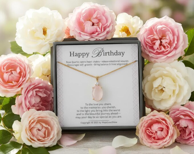Rose Quartz Necklace – Birthday Gift for Her – 18K Gold Plated on Stainless Steel – Pink Gemstone Jewelry – Birthday Card Included