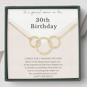 30th birthday gift for woman • 3 rings for 3 decades • Meaningful 30th birthday necklace • Interlocking circles Sterling Silver jewelry