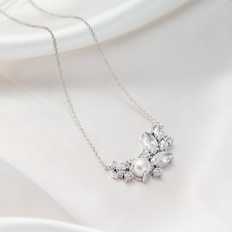 Bridal Pearl Diamond Cluster necklace Pearl Crystal Vintage inspired necklace for Bride Bridesmaids Sterling silver Freshwater pearl image 1