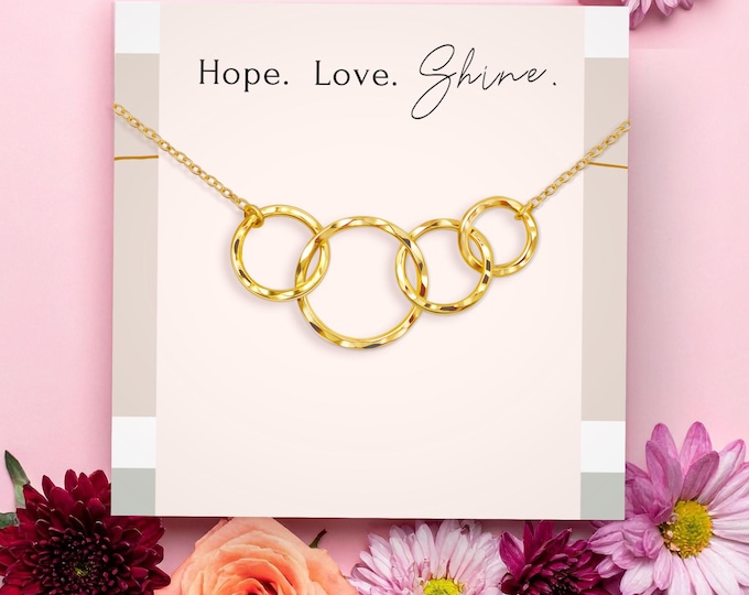 Handmade 4 Ring Necklace • Hammered Four Circle Pendant • Sterling Silver or Gold • 40th Birthday Gift • Interlocking Eternity Rings, 18"