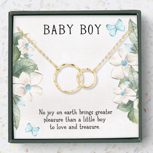 Caixa de colar de presente para mãe e menino, presente de chá de bebê para mãe, colar de presente para menino, círculos interligados .925 Prata
