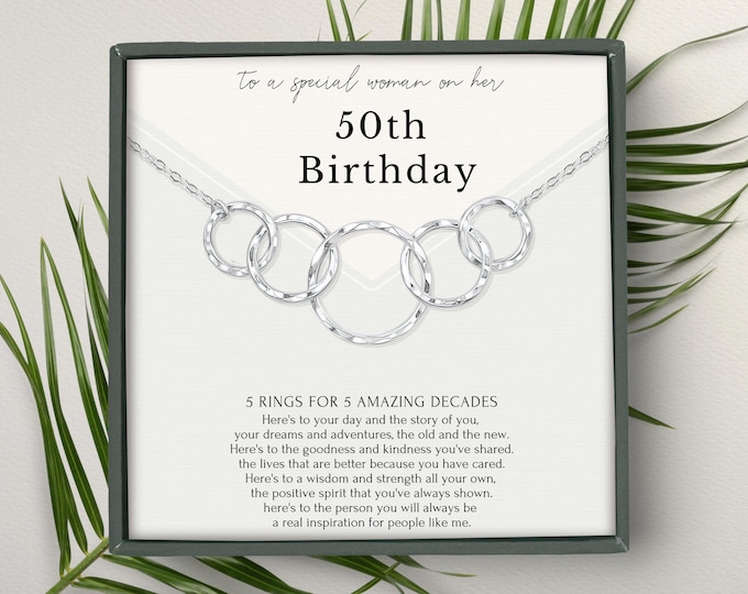 50th Birthday Necklace Gift for Her – 5 Ring 5 Decades Necklace Sterling Silver & Gold for 50 yr old, Friend turning 50 Gift for Women