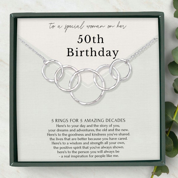 Cadeau du 50e anniversaire pour femme • 5 bagues pour 50 ans • Cadeau du 50e anniversaire • Cadeau pour elle avec collier circulaire • Argent sterling