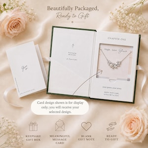 May include: A white gift box with a silver necklace, a card that says "Shine", and a blank card. The box is open, revealing a necklace with a floral design. Text on the box reads "Hope. Love. Shine" and "Ready to Gift."