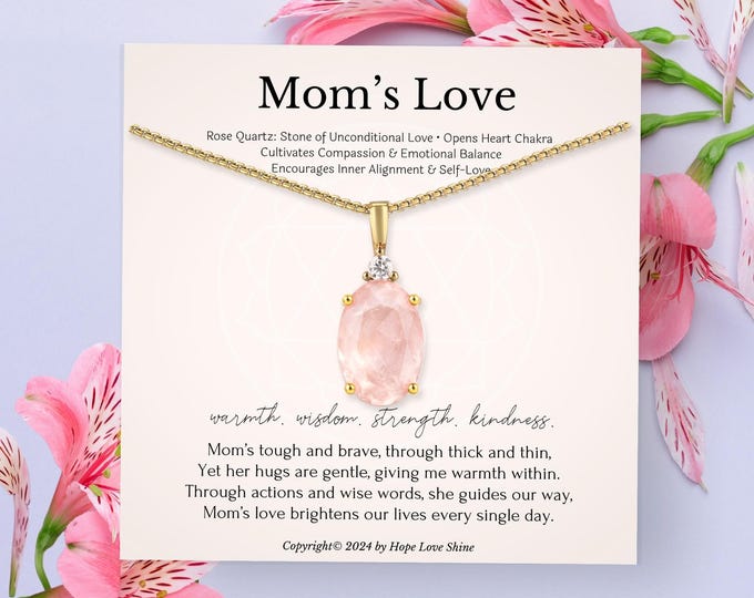 Rose Quartz Necklace for Mom Birthday Gift, Mother's Day Jewelry, Handmade Healing Crystal Pendant Gift for Her
