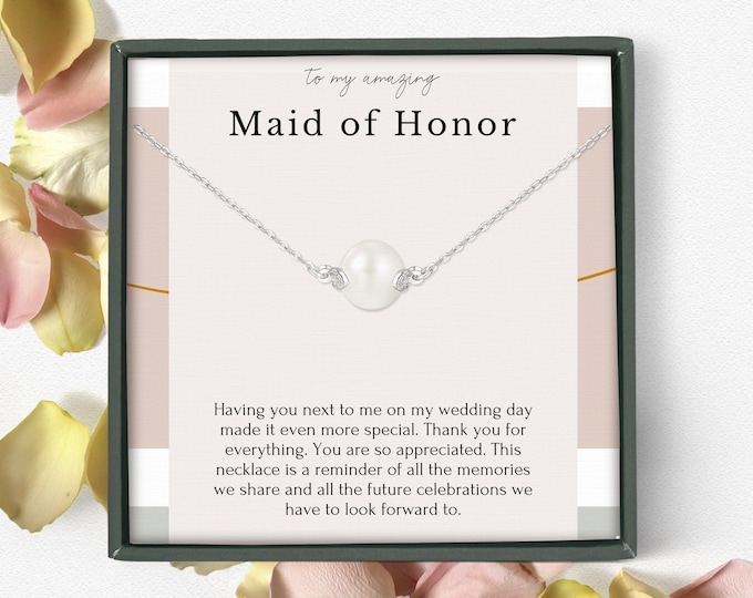 Maid of Honor Thank you Gift from bride, Dainty necklace for maid of honor on wedding day, Bridal party gift, Sterling silver pearl necklace