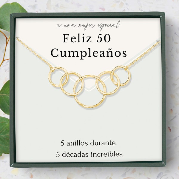 Regalo de 50 cumpleaños para mujer • 50th birthday spanish card • 5 ring necklace 5 decades • Joyas de 50 cumpleaños