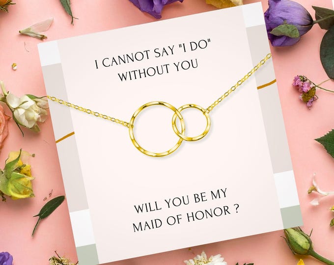 Maid of Honor proposal gift box from bride, Dainty interlocking circles necklace for maid of honor, Wedding party jewelry gift for her