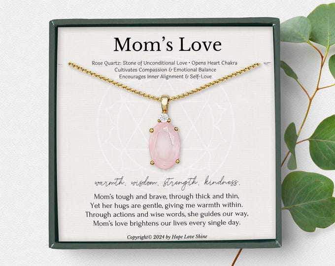 Rose Quartz Necklace for Mom Birthday Gift, Mother's Day Jewelry, Handmade Healing Crystal Pendant Gift for Her