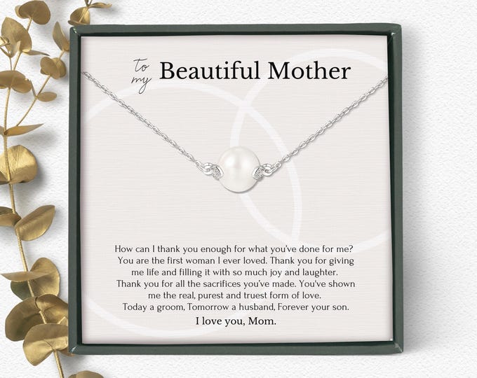 Gift for mom from son on wedding day • Mother of the groom gift from groom • Pearl necklace for mom from son wedding • Gift box poem