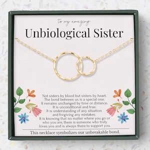 Unbiological Sister Necklace: 2 linked circles pendant in Sterling Silver or Gold. Meaningful best Friends Gift for Christmas Birthdays. Sentimental message card long distance BFF. Dainty cable chain for sorority sister bestie bond.