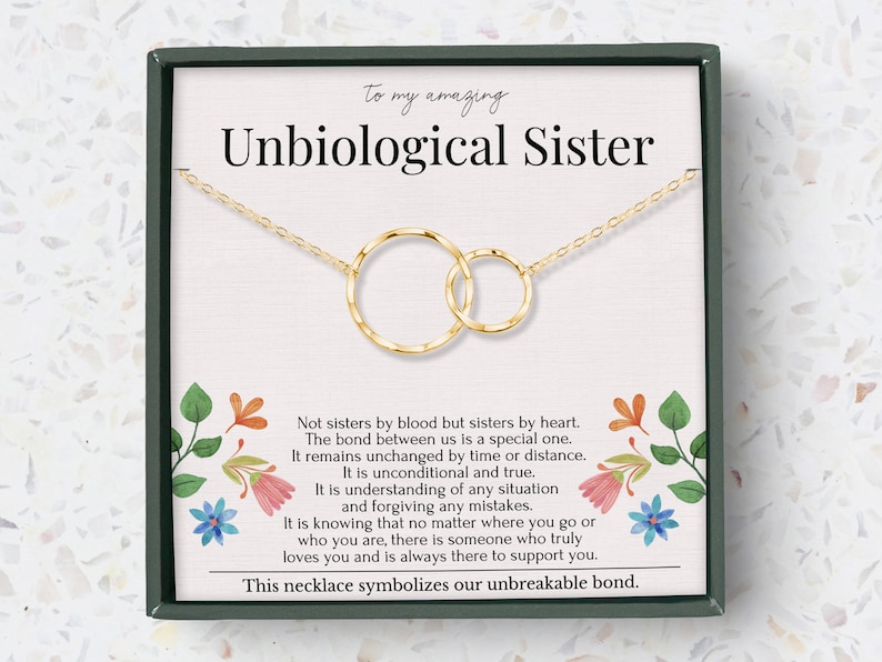 Unbiological Sister Necklace: 2 linked circles pendant in Sterling Silver or Gold. Meaningful best Friends Gift for Christmas Birthdays. Sentimental message card long distance BFF. Dainty cable chain for sorority sister bestie bond.