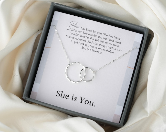 She Is You – Warrior Strength Necklace, Gold Interlocking Rings, Empowerment Gift for Women, Inspirational Message Card Sterling Silver