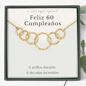 Regalo spagnolo per il 60° compleanno Collana con carta di poesia Collar de 60 cumpleaños para ella 6 anillos durante 6 décadas collar de círculos entrelazados